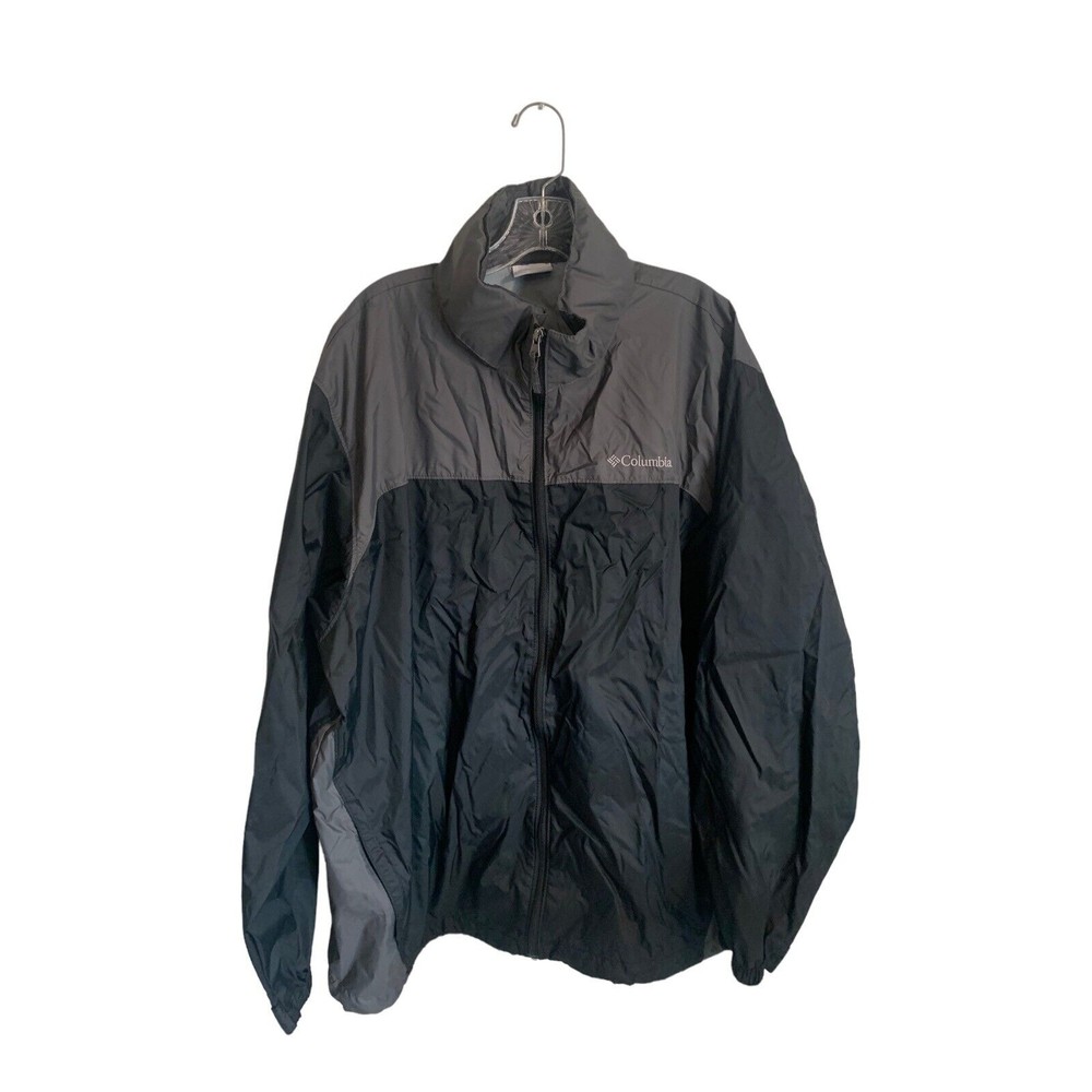 Columbia Hooded Windbreaker Jacket Men's Size XXL Full Zip Black & Gray Packable